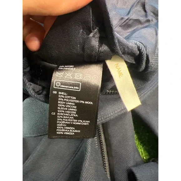 H&M Navy Blue Coat Jacket Zippered Pockets Long Sleeve Collared Swede Olympcs 48